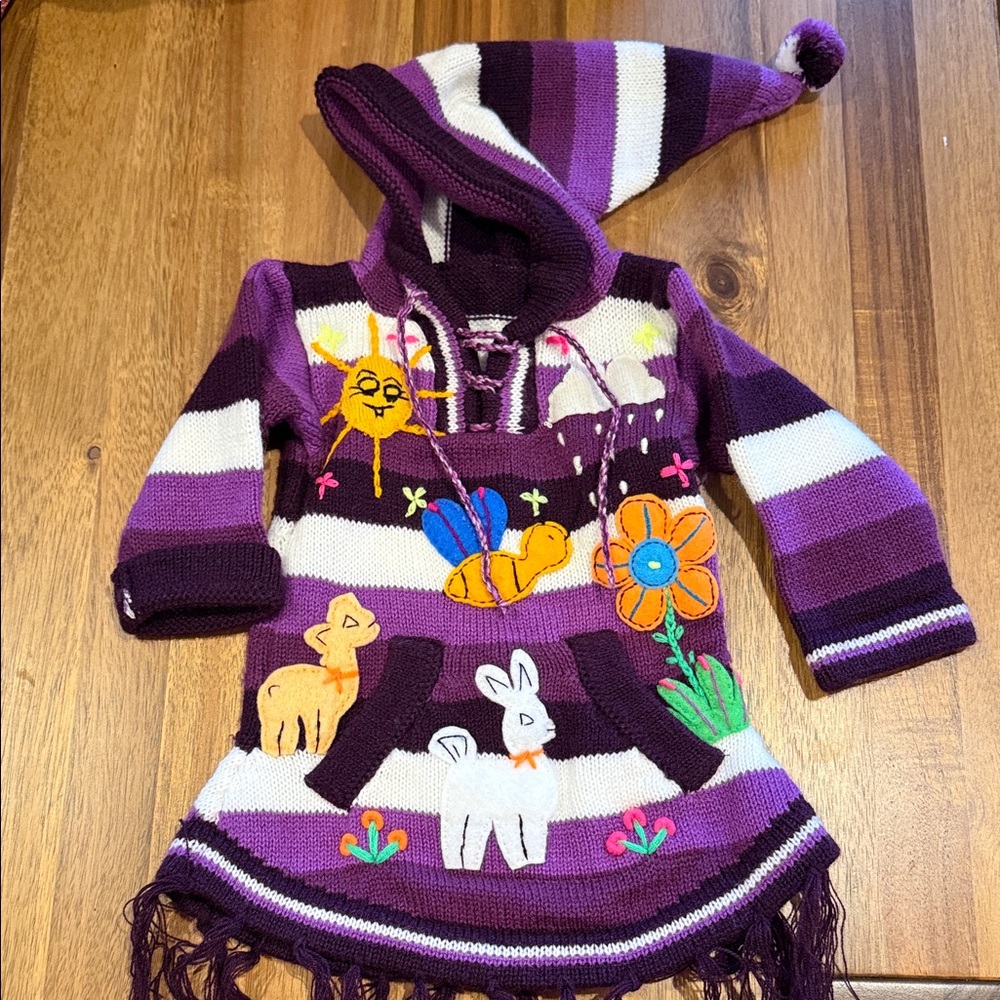 Vibrant Purple Striped Kids poncho with Animal Embroidery